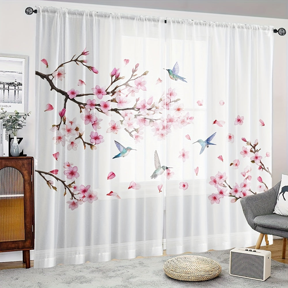 2pcs Plum Blossom & Bird Print Semi-sheer Curtains, Rod Pocket Decorative Window Curtains, Window Treatments For Bedroom Living Room, Home Decoration, Room Decoration